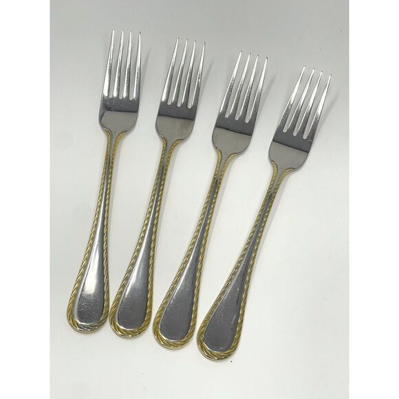 Oneida GOLDEN BELMONT Stainless Rope Edge Gold Dinner Forks 8 1/8” Set Of 4 - Picture 1 of 7